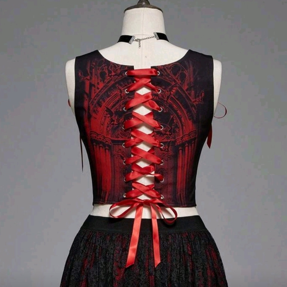 Dolls Kill Black and Red Gothic Graphic Tie-Shoulder Corset Top - Picture 5 of 6
